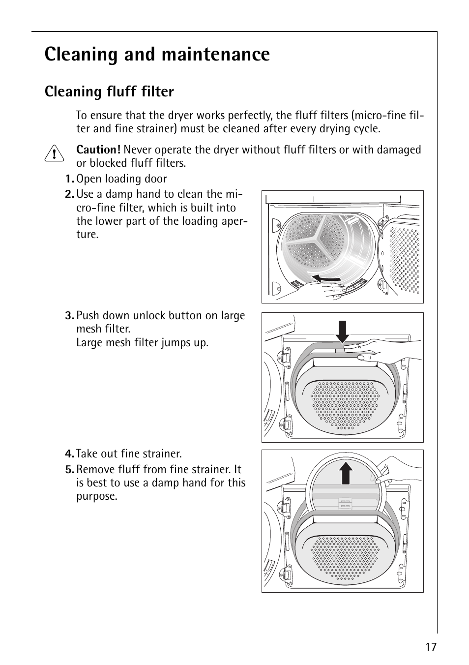 Cleaning and maintenance, Cleaning fluff filter | AEG LAVATHERM 59800 User Manual | Page 17 / 36