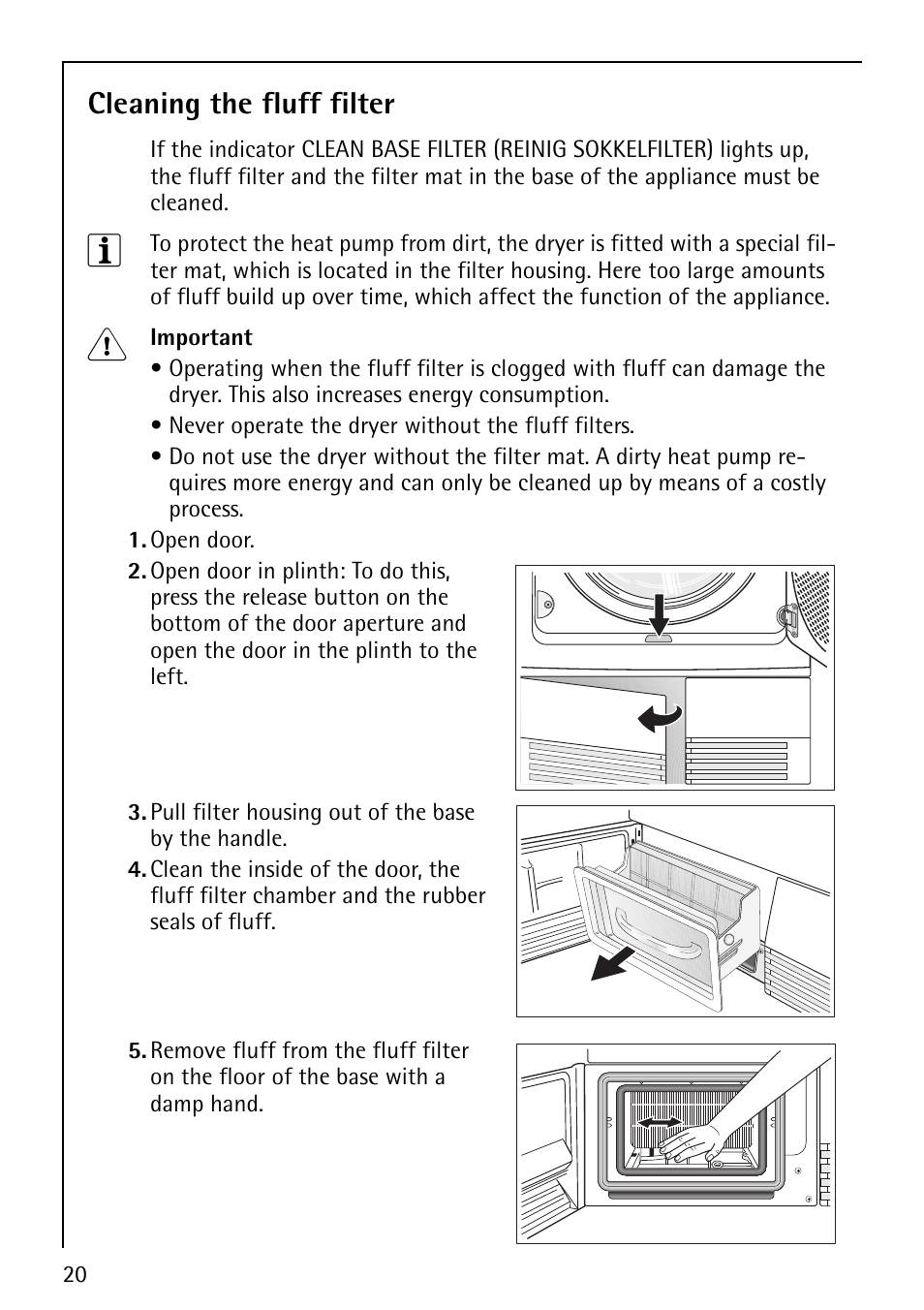 Cleaning the fluff filter | AEG LAVATHERM 59800 User Manual | Page 20 / 36