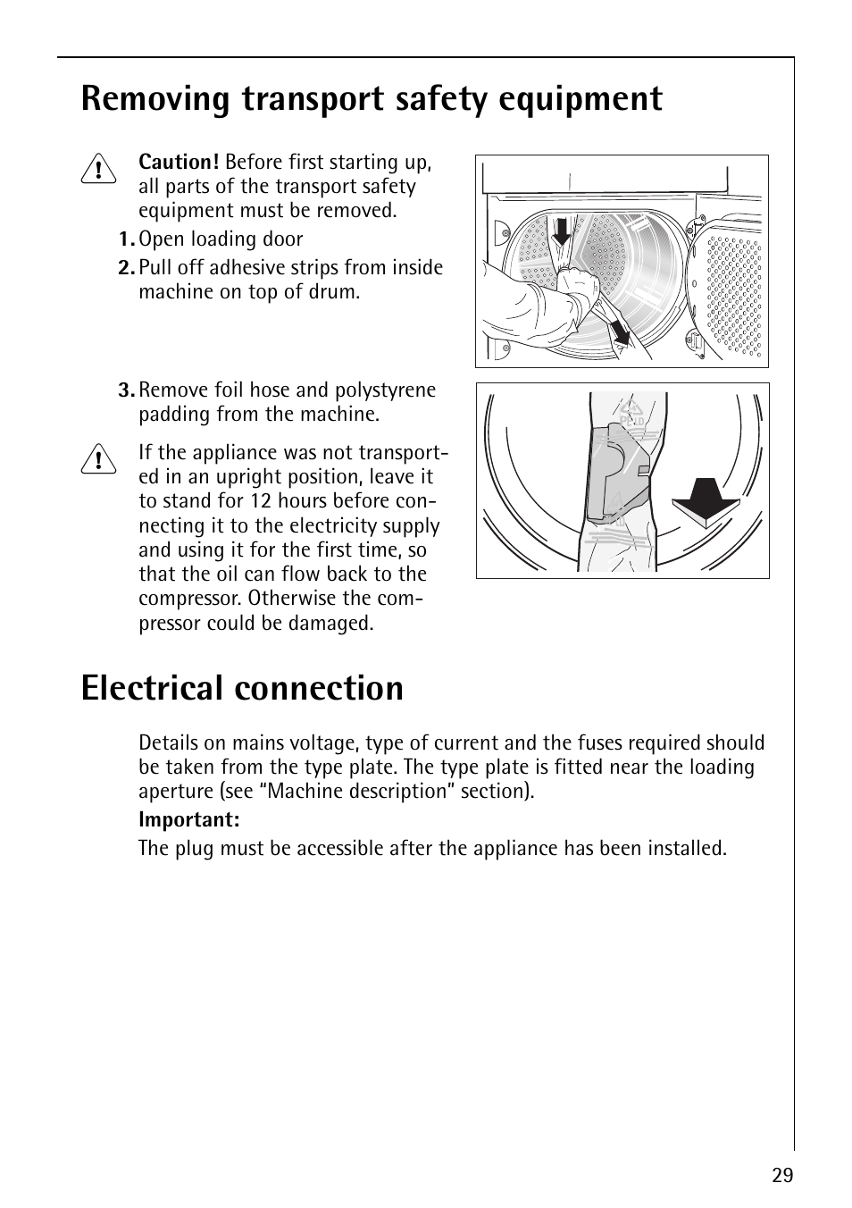 Removing transport safety equipment 1, Electrical connection | AEG LAVATHERM 59800 User Manual | Page 29 / 36