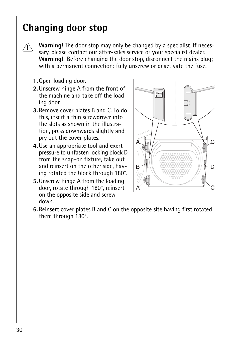 Changing door stop 1 | AEG LAVATHERM 59800 User Manual | Page 30 / 36