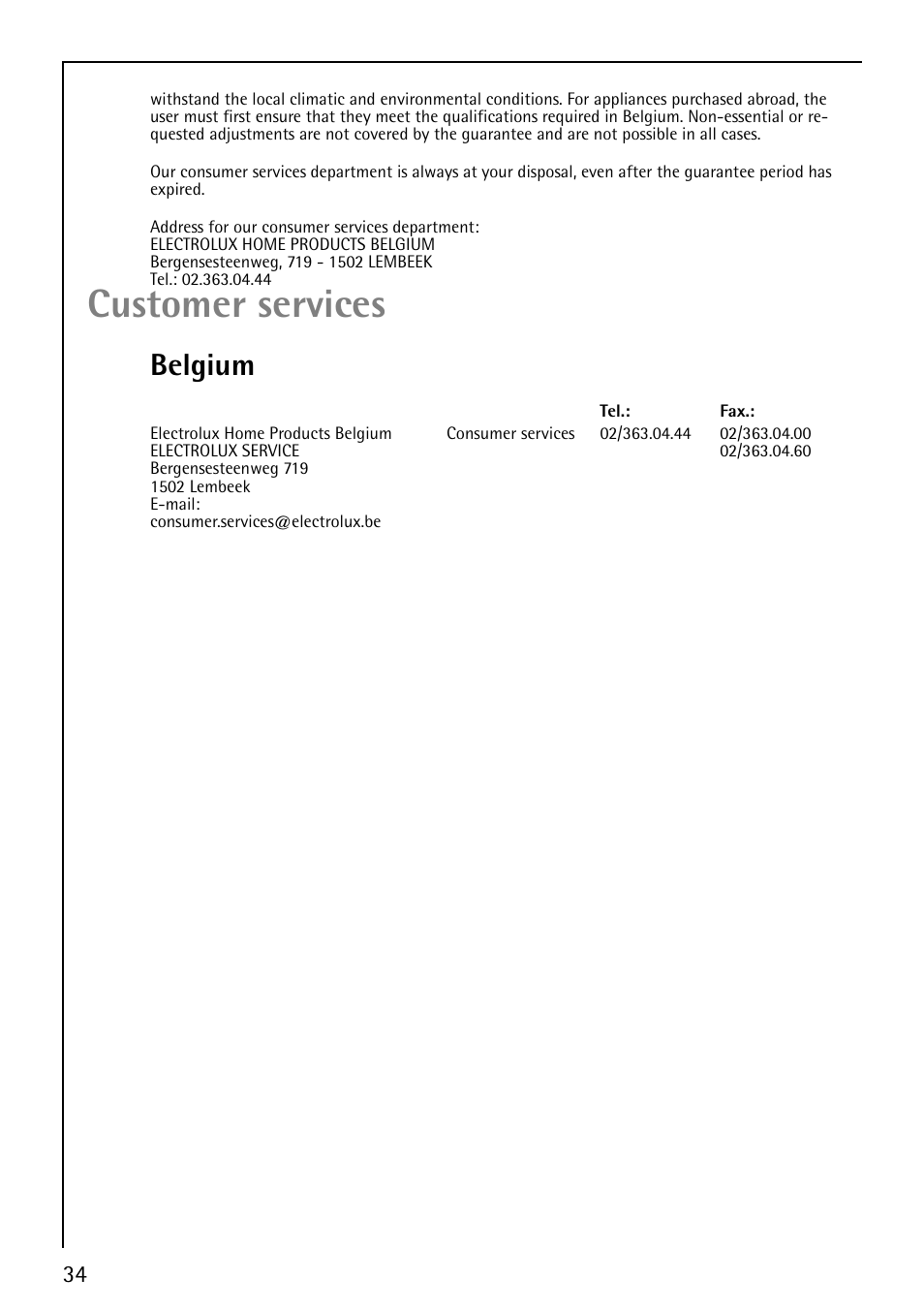 Customer services, Belgium | AEG LAVATHERM 59800 User Manual | Page 34 / 36