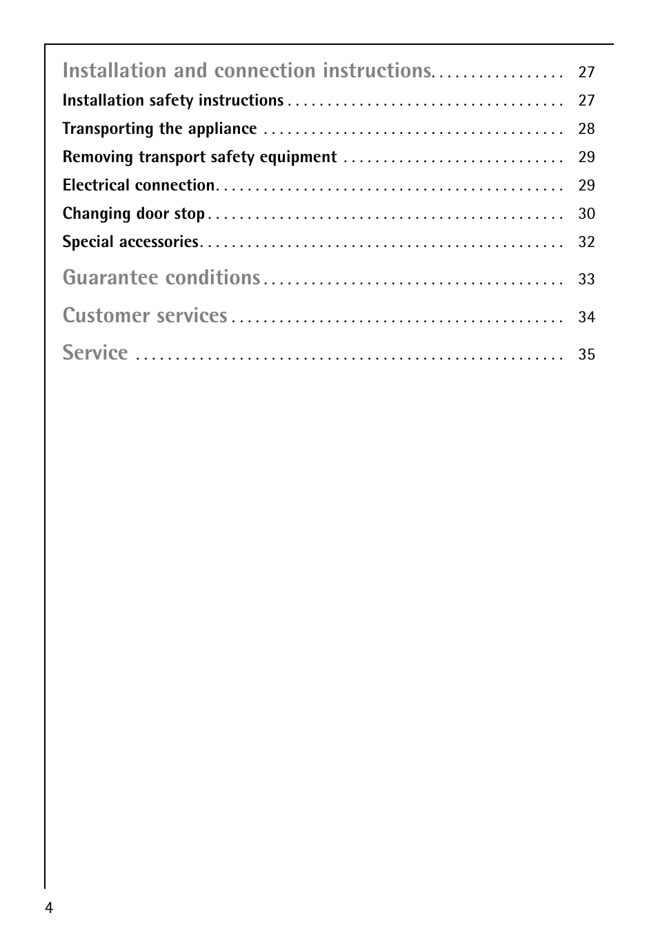 Installation and connection instructions, Guarantee conditions, Customer services | Service | AEG LAVATHERM 59800 User Manual | Page 4 / 36