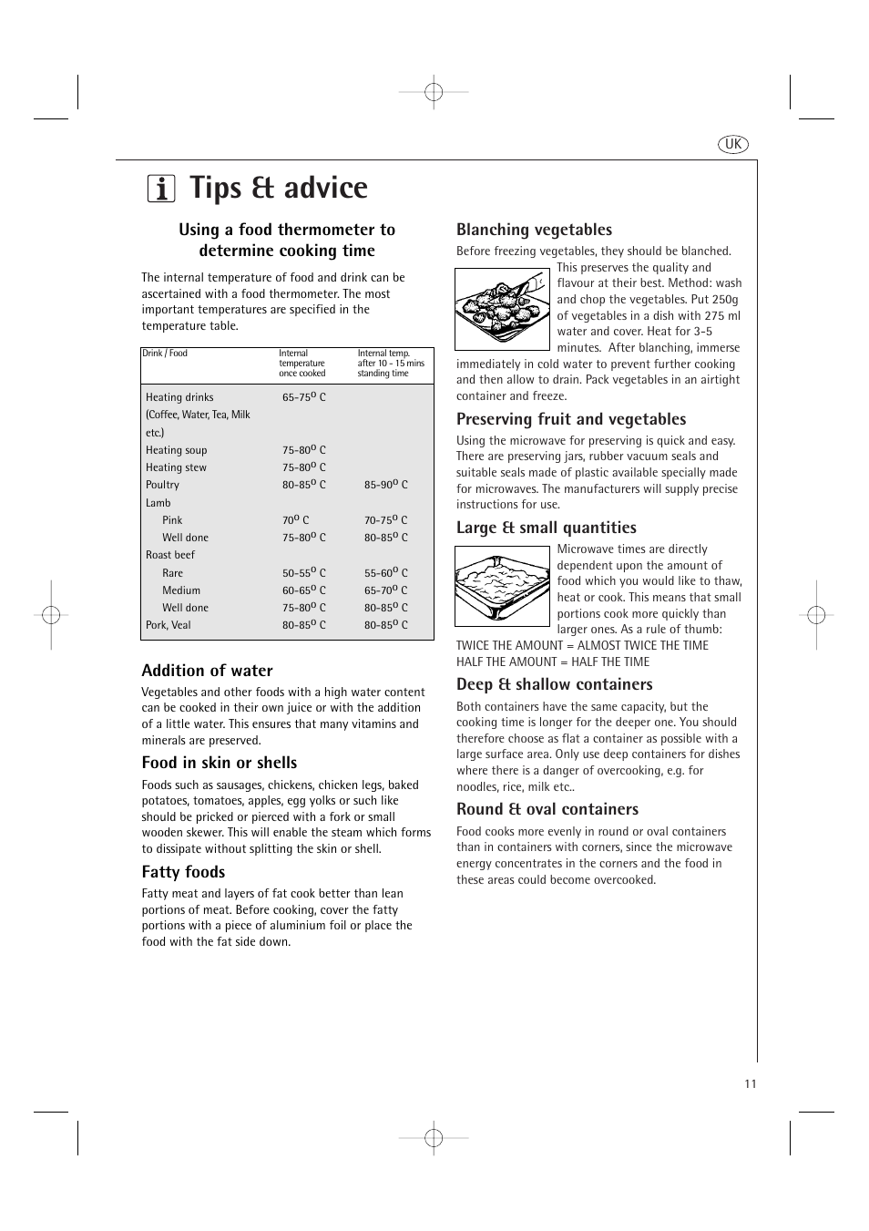 Tips & advice, Blanching vegetables, Preserving fruit and vegetables | Large & small quantities, Deep & shallow containers, Round & oval containers, Addition of water, Food in skin or shells, Fatty foods, Using a food thermometer to determine cooking time | AEG MCD2661E User Manual | Page 13 / 53