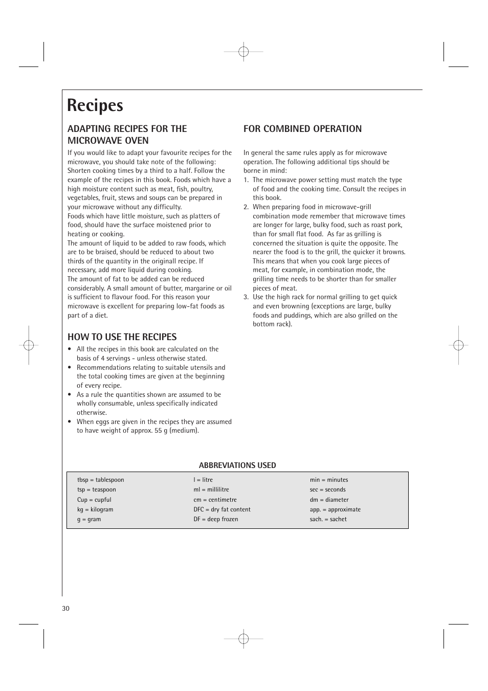 Recipes, Adapting recipes for the microwave oven, How to use the recipes | For combined operation | AEG MCD2661E User Manual | Page 32 / 53