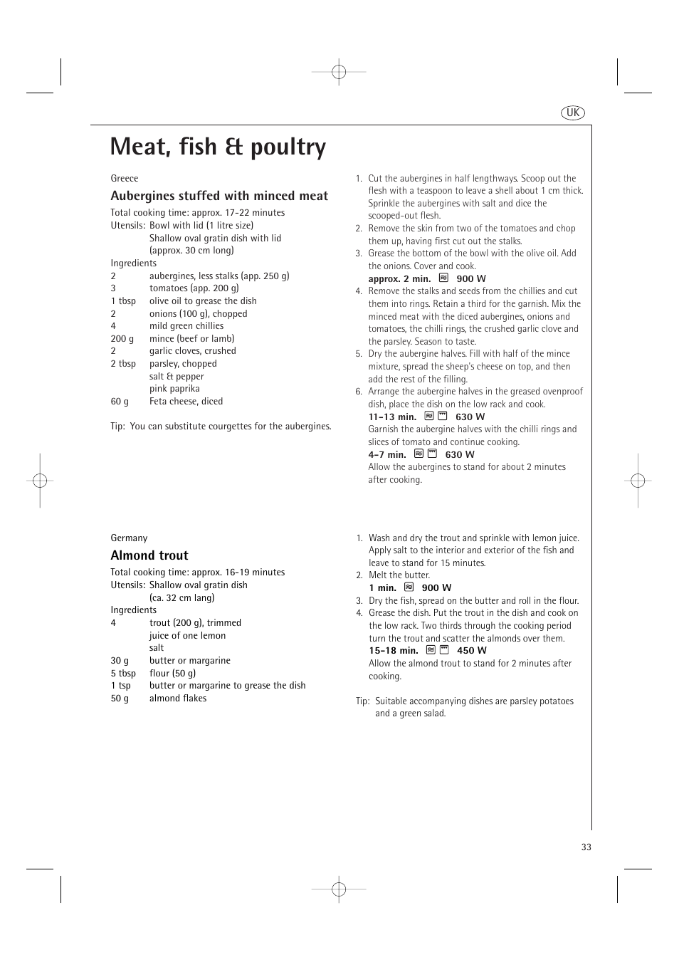 Meat, fish & poultry, Aubergines stuffed with minced meat, Almond trout | AEG MCD2661E User Manual | Page 35 / 53