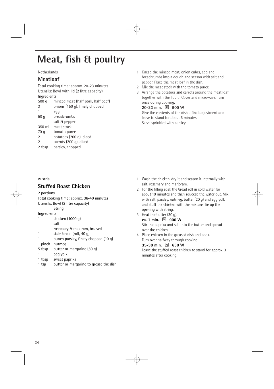 Meat, fish & poultry, Meatloaf, Stuffed roast chicken | AEG MCD2661E User Manual | Page 36 / 53