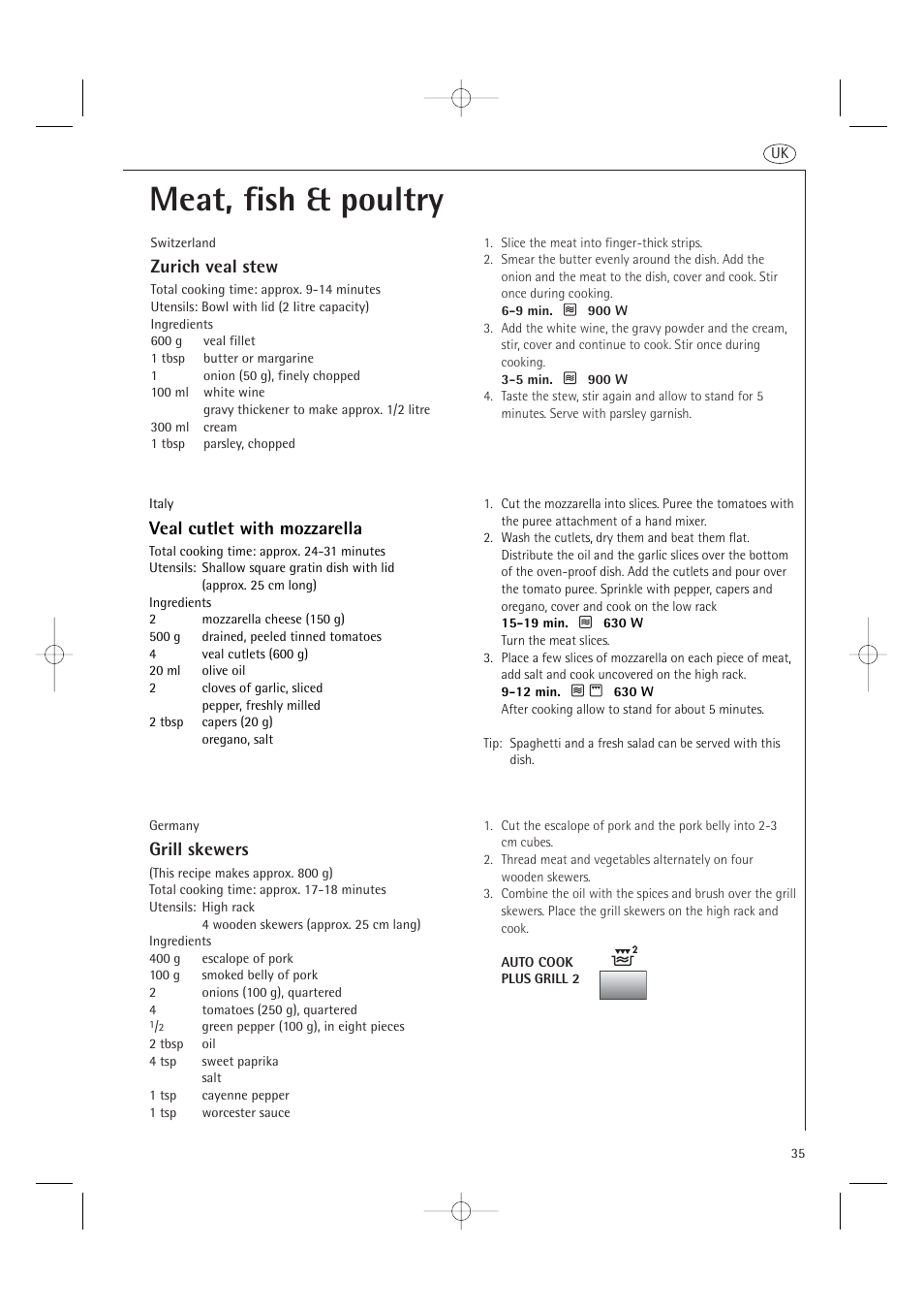 Meat, fish & poultry, Grill skewers, Zurich veal stew | Veal cutlet with mozzarella | AEG MCD2661E User Manual | Page 37 / 53