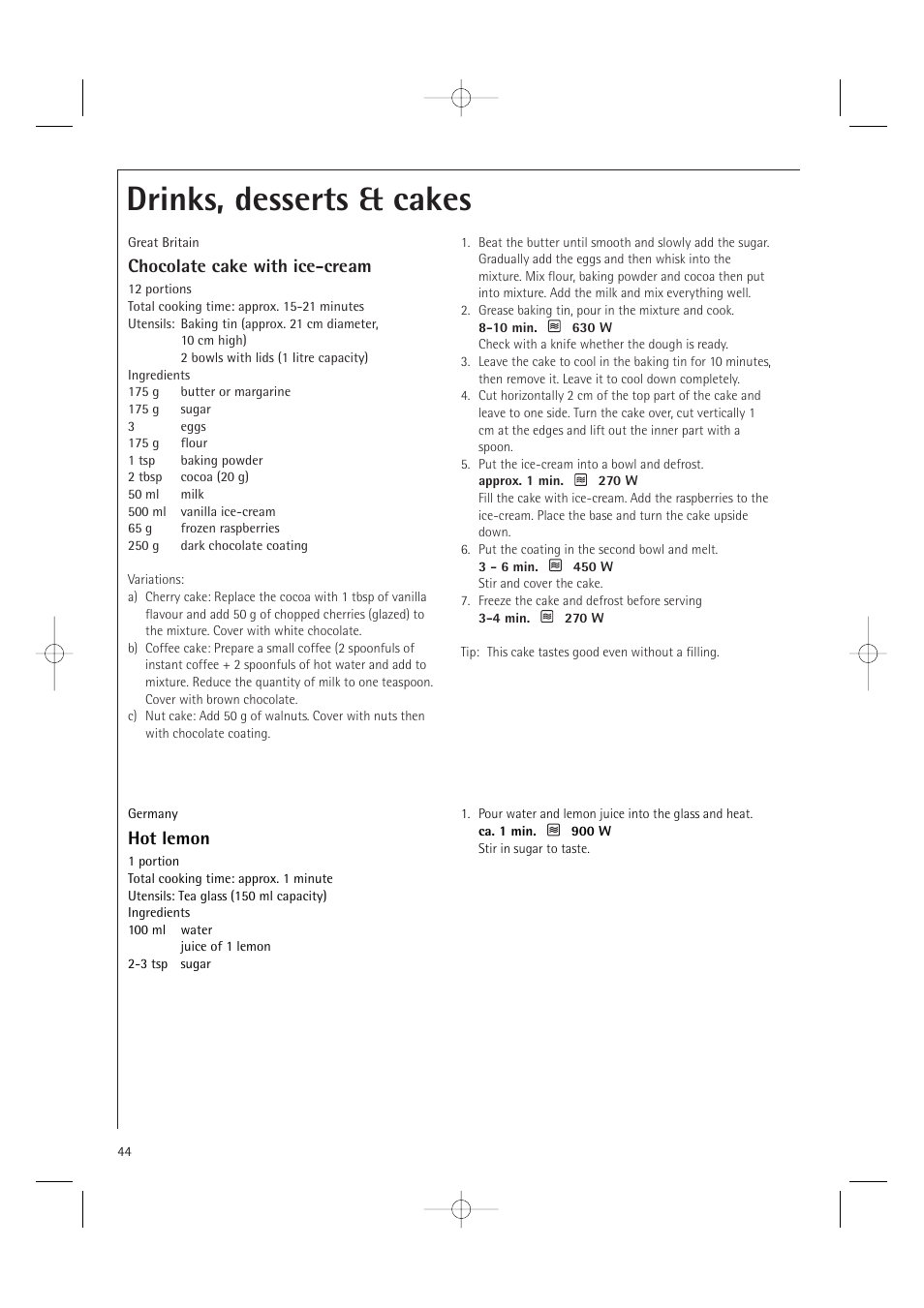 Drinks, desserts & cakes, Chocolate cake with ice-cream, Hot lemon | AEG MCD2661E User Manual | Page 46 / 53