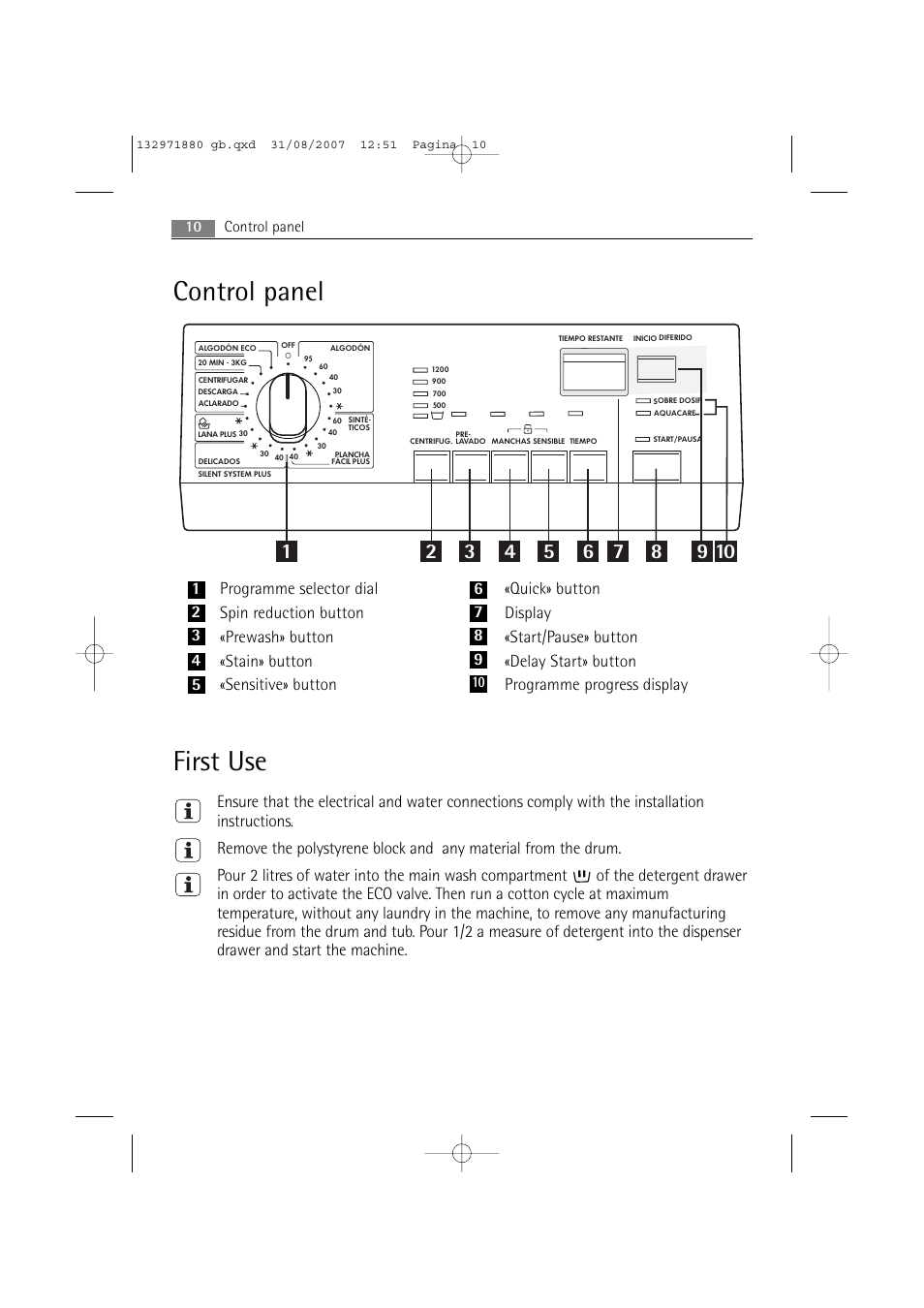 Control panel first use | AEG LAVAMAT 72640 User Manual | Page 10 / 48