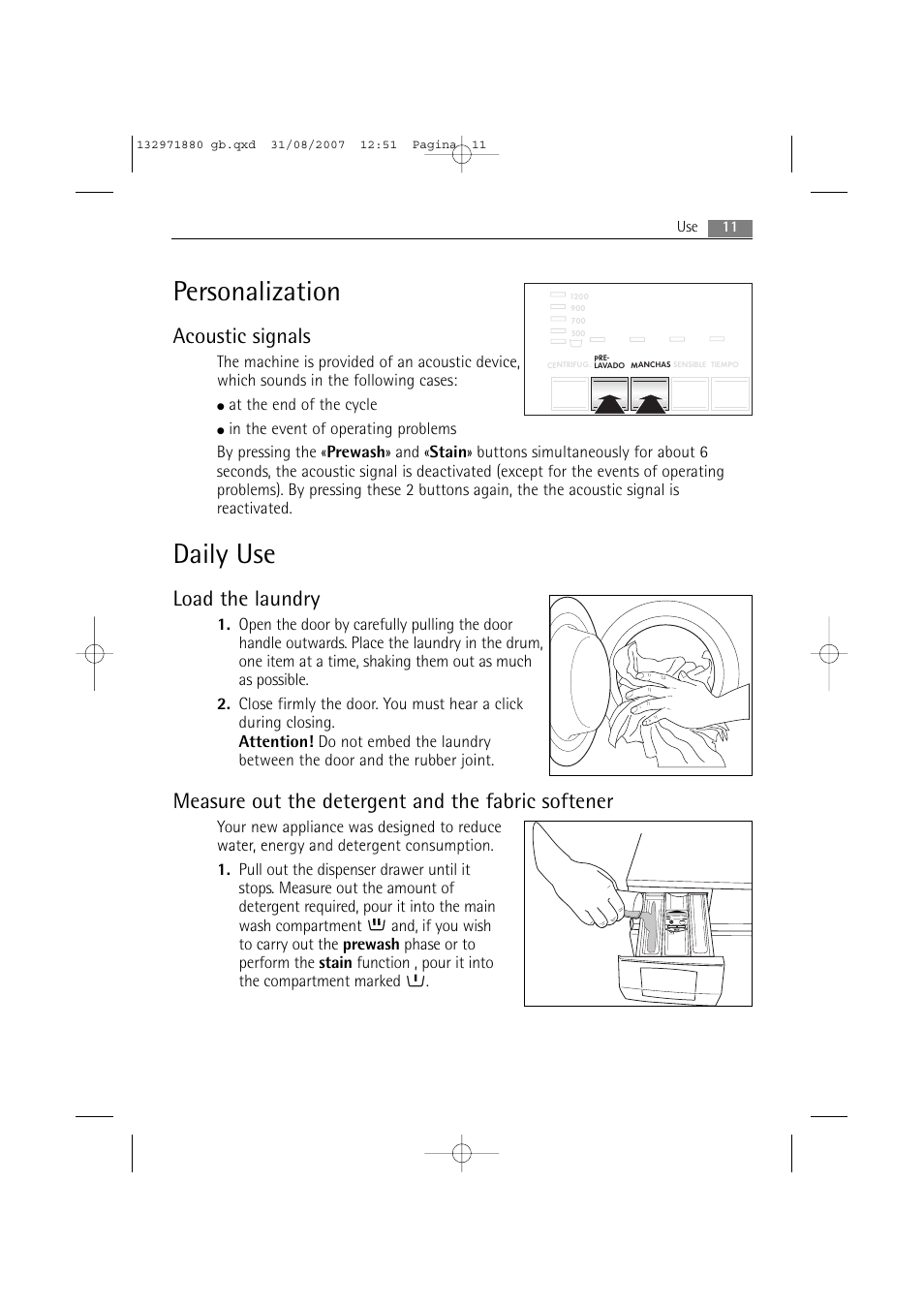Personalization, Daily use, Acoustic signals | Load the laundry, Measure out the detergent and the fabric softener | AEG LAVAMAT 72640 User Manual | Page 11 / 48