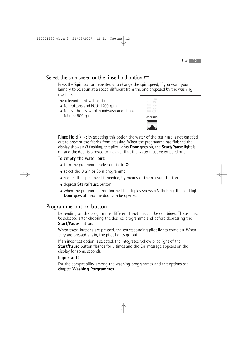 Select the spin speed or the rinse hold option, Programme option button | AEG LAVAMAT 72640 User Manual | Page 13 / 48