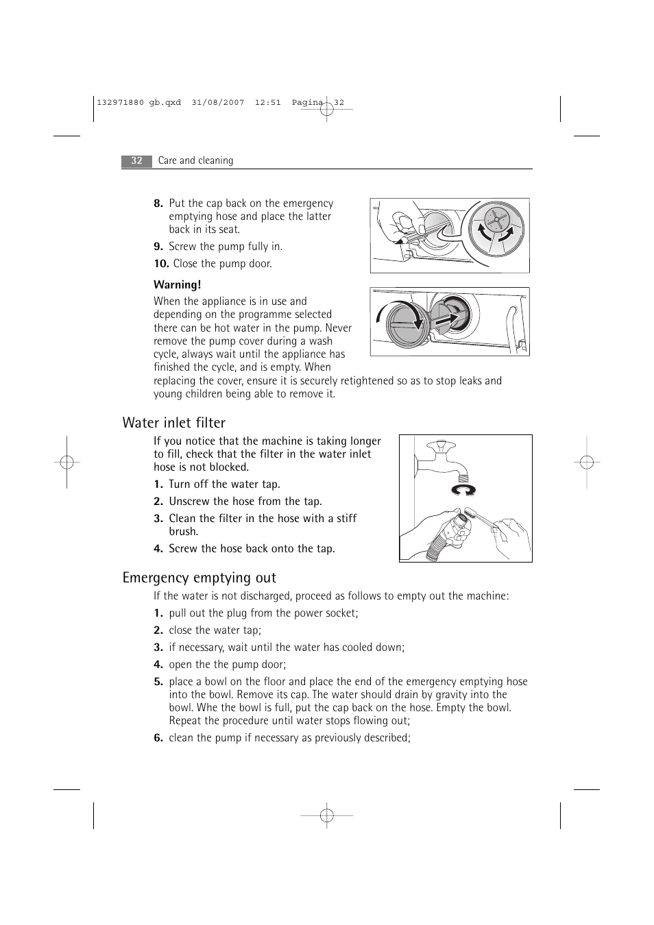 Water inlet filter, Emergency emptying out | AEG LAVAMAT 72640 User Manual | Page 32 / 48