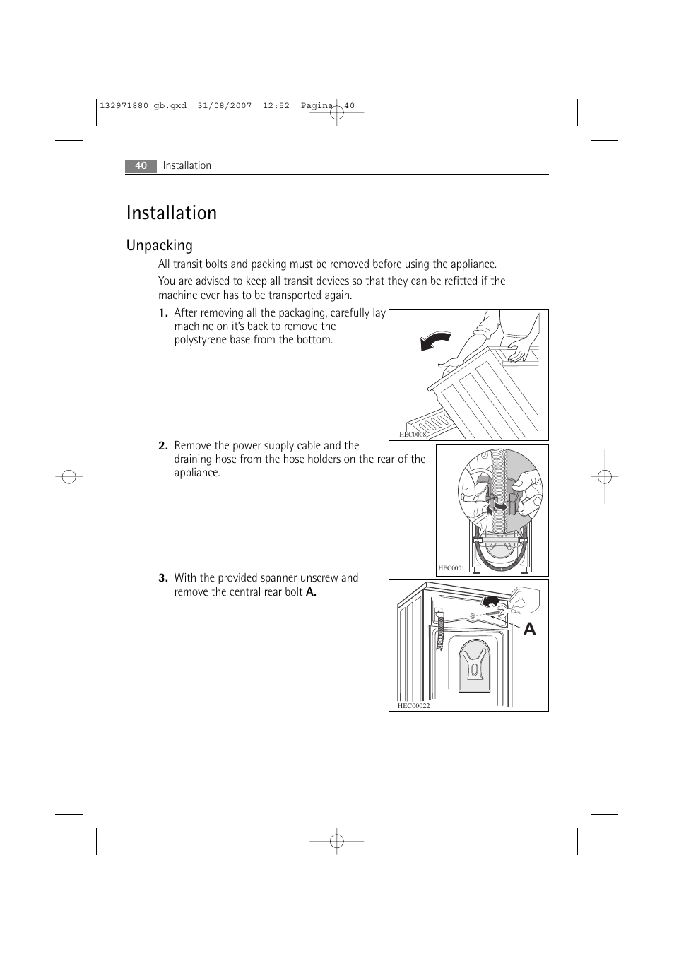 Installation, Unpacking | AEG LAVAMAT 72640 User Manual | Page 40 / 48