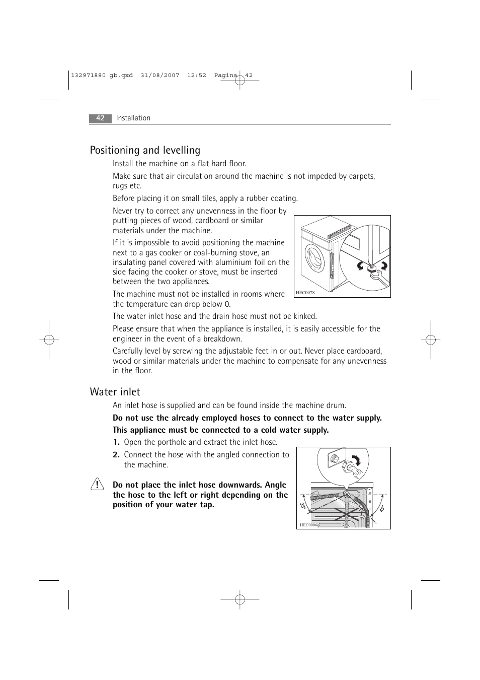 Positioning and levelling, Water inlet | AEG LAVAMAT 72640 User Manual | Page 42 / 48