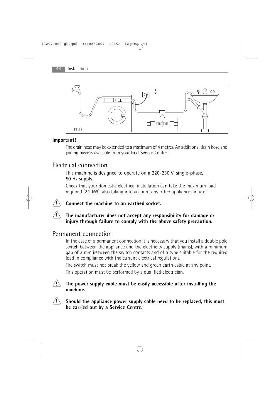 Electrical connection, Permanent connection | AEG LAVAMAT 72640 User Manual | Page 44 / 48