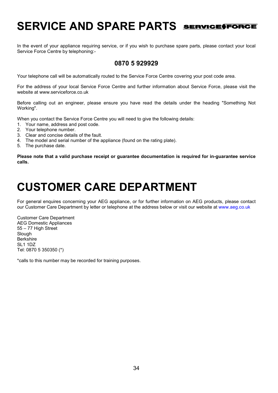 Service and spare parts, Customer care department | AEG COMPETENCE 3210 BU User Manual | Page 34 / 48