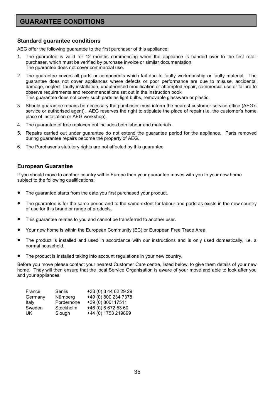 Guarantee conditions | AEG COMPETENCE 3210 BU User Manual | Page 35 / 48