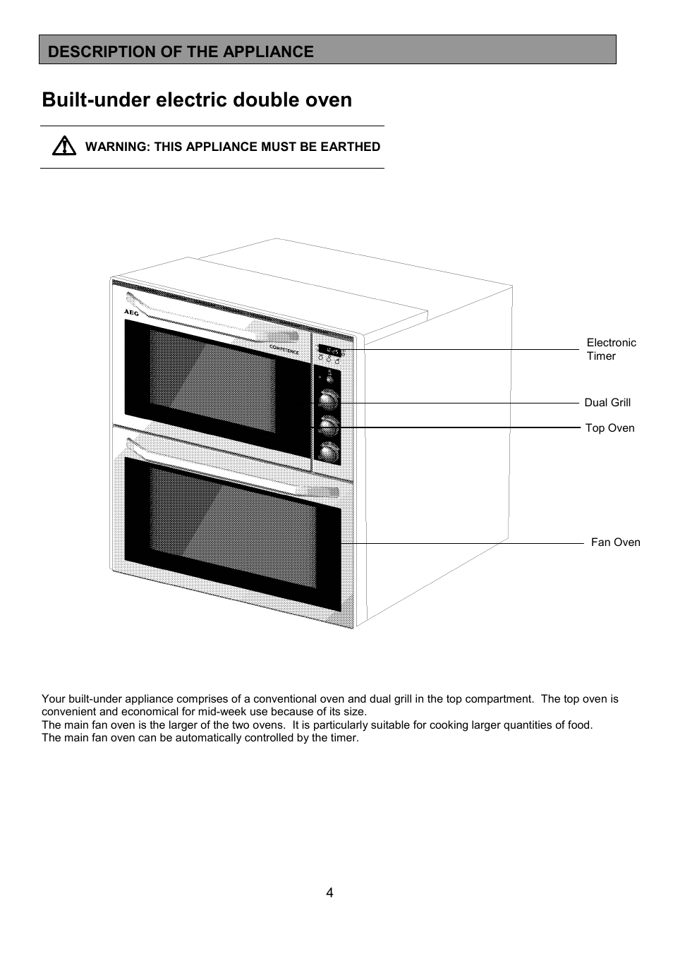 Built-under electric double oven, Description of the appliance | AEG COMPETENCE 3210 BU User Manual | Page 4 / 48