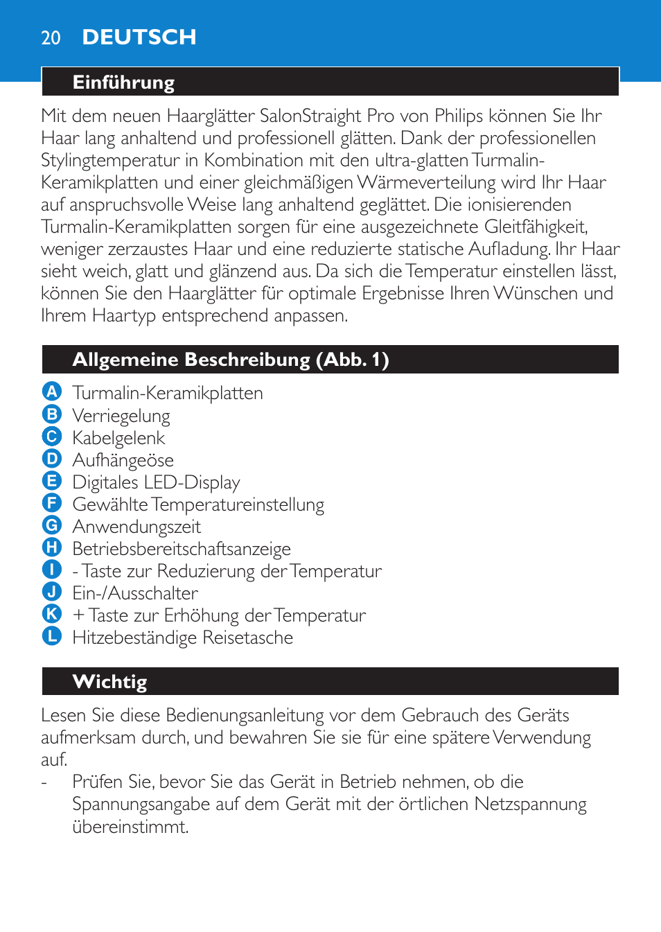 Deutsch, Einführung, Allgemeine beschreibung (abb. 1) | Wichtig | Philips SalonStraight Pro Plancha para el pelo User Manual | Page 20 / 104