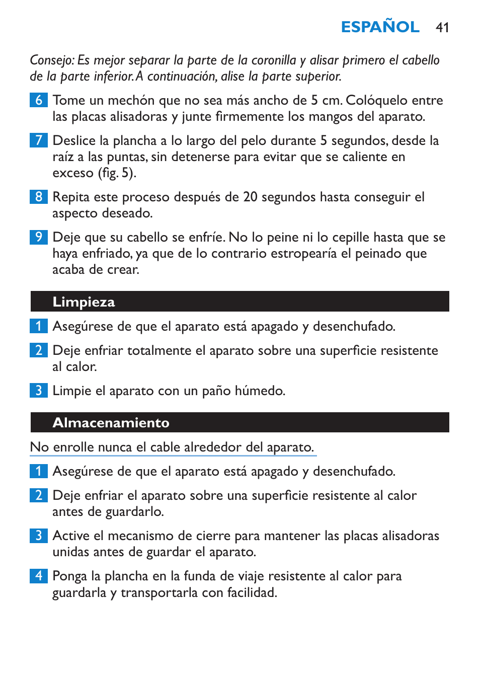 Limpieza, Almacenamiento | Philips SalonStraight Pro Plancha para el pelo User Manual | Page 41 / 104