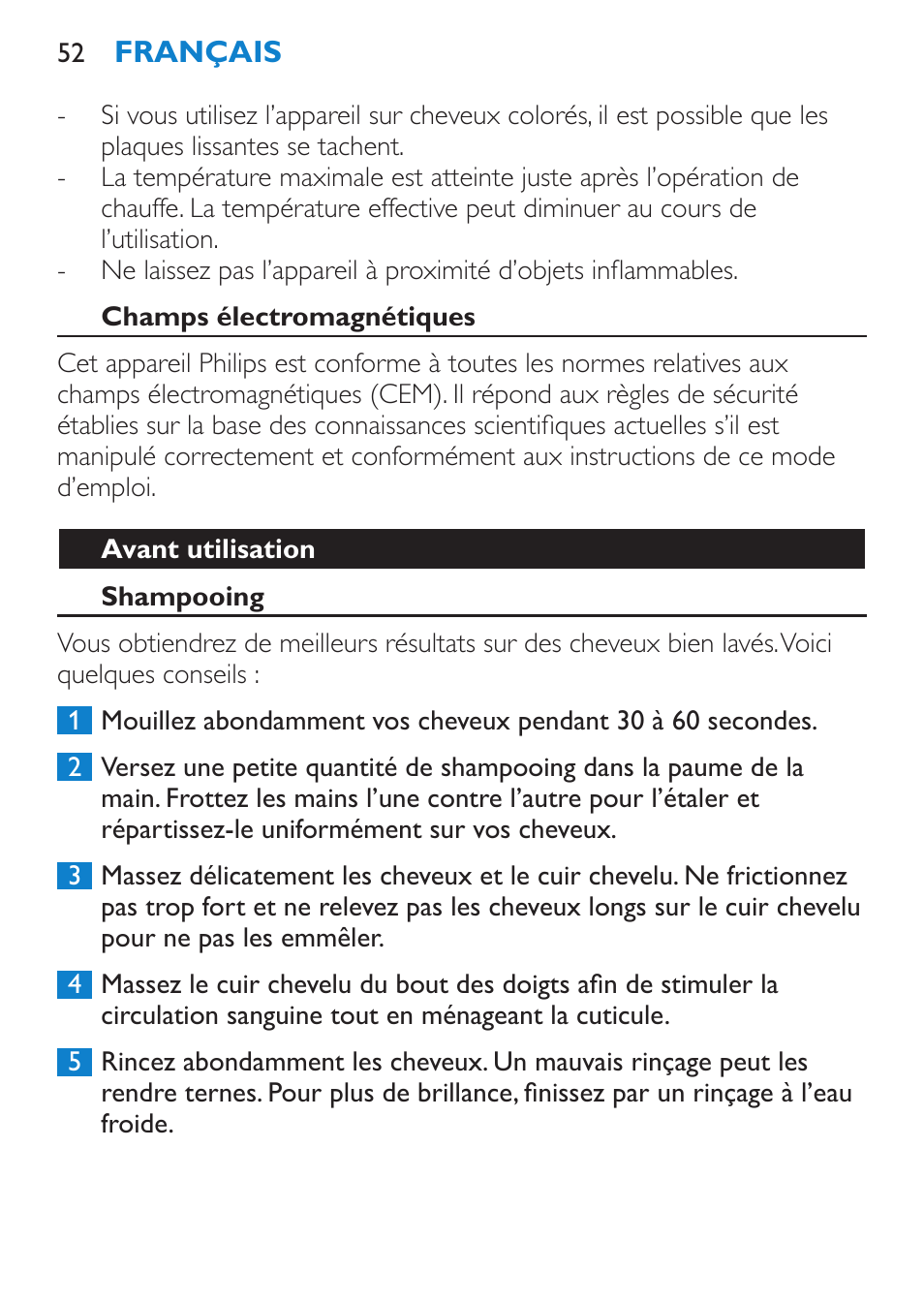 Champs électromagnétiques, Avant utilisation, Shampooing | Philips SalonStraight Pro Plancha para el pelo User Manual | Page 52 / 104