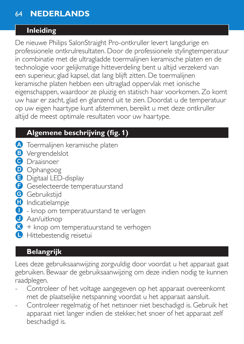 Nederlands, Inleiding, Algemene beschrijving (fig. 1) | Belangrijk | Philips SalonStraight Pro Plancha para el pelo User Manual | Page 64 / 104