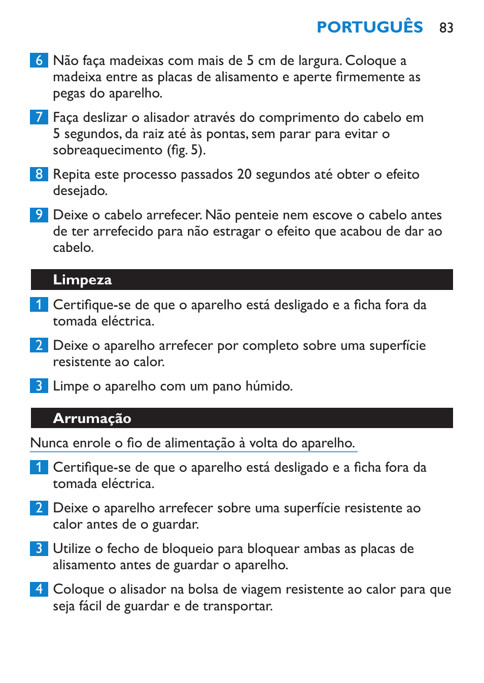 Limpeza, Arrumação | Philips SalonStraight Pro Plancha para el pelo User Manual | Page 83 / 104