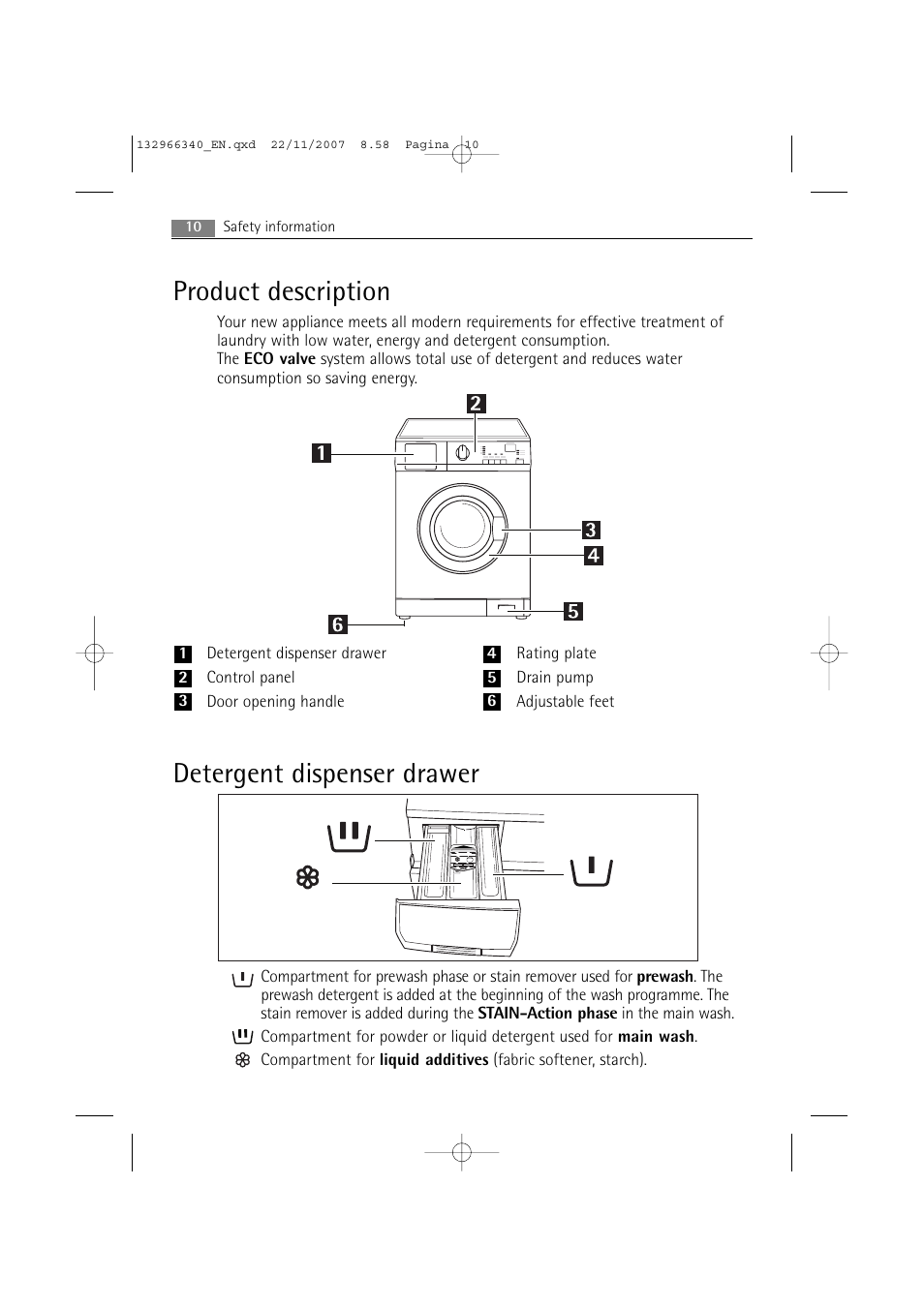 Product description, Detergent dispenser drawer | AEG LAVAMAT PRINCESS 2252 F User Manual | Page 10 / 44
