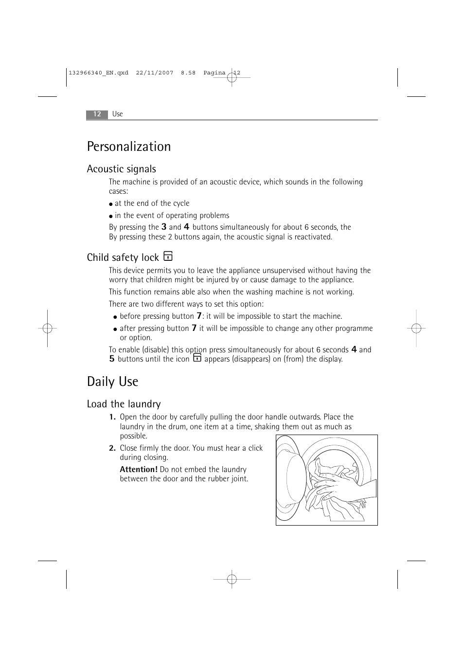 Personalization, Daily use, Acoustic signals | Child safety lock, Load the laundry | AEG LAVAMAT PRINCESS 2252 F User Manual | Page 12 / 44