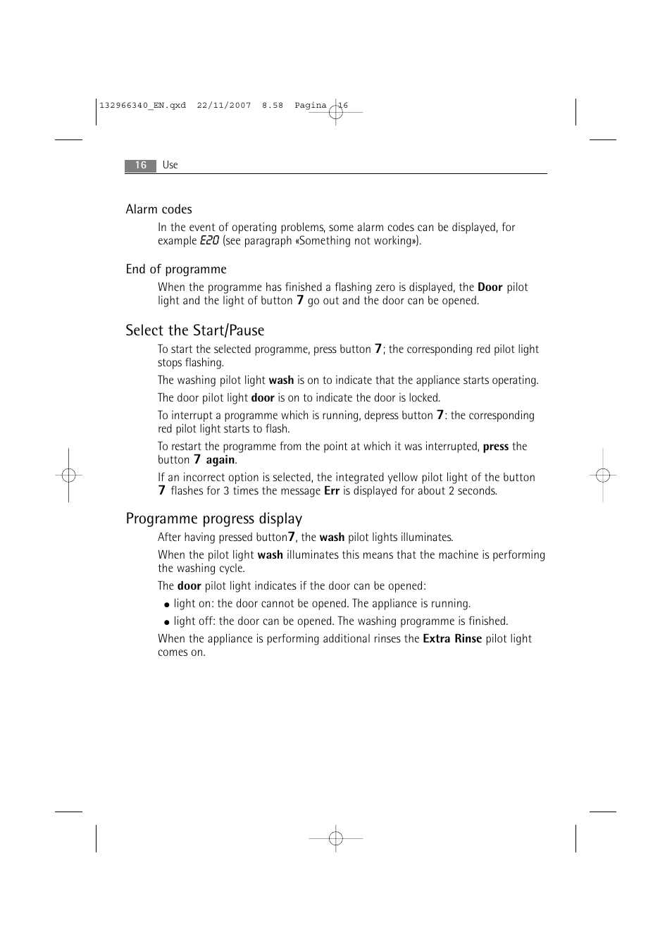 Select the start/pause, Programme progress display | AEG LAVAMAT PRINCESS 2252 F User Manual | Page 16 / 44