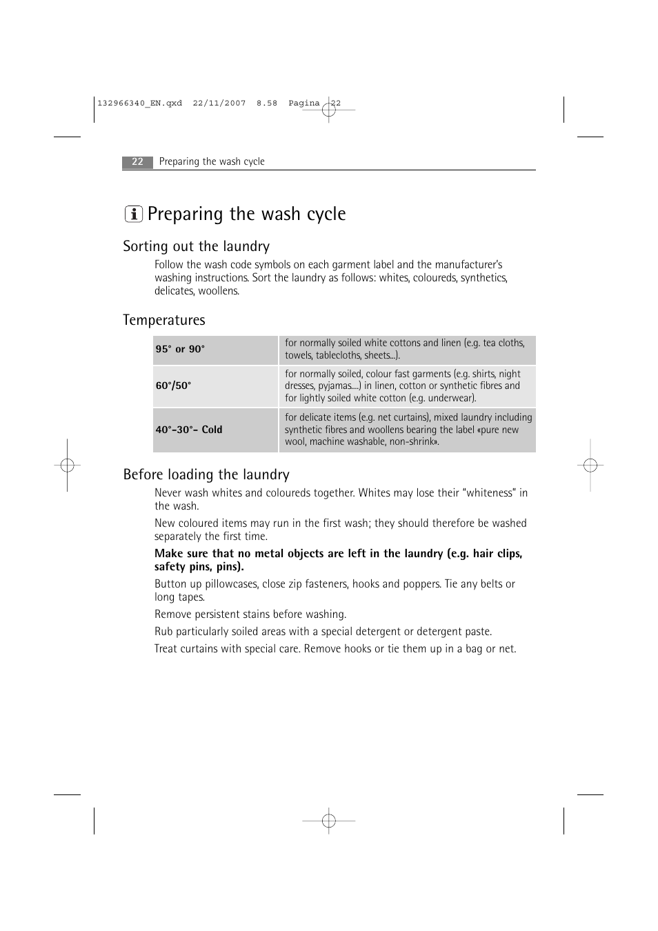 Preparing the wash cycle, Sorting out the laundry, Temperatures before loading the laundry | AEG LAVAMAT PRINCESS 2252 F User Manual | Page 22 / 44