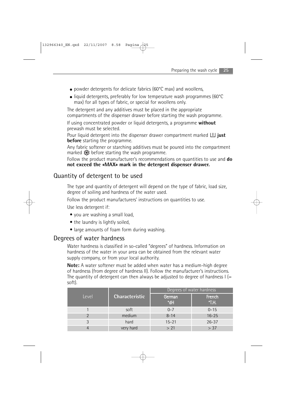 Quantity of detergent to be used, Degrees of water hardness | AEG LAVAMAT PRINCESS 2252 F User Manual | Page 25 / 44