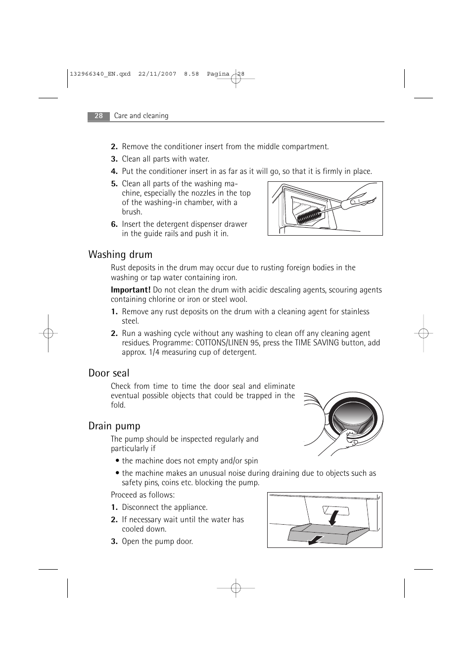 Washing drum, Door seal, Drain pump | AEG LAVAMAT PRINCESS 2252 F User Manual | Page 28 / 44