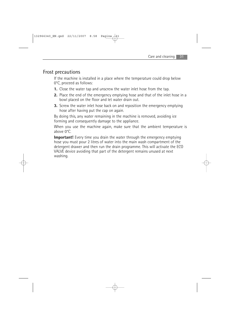 Frost precautions | AEG LAVAMAT PRINCESS 2252 F User Manual | Page 31 / 44