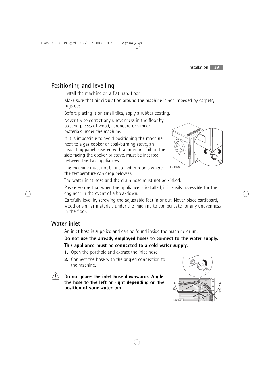 Positioning and levelling, Water inlet | AEG LAVAMAT PRINCESS 2252 F User Manual | Page 39 / 44