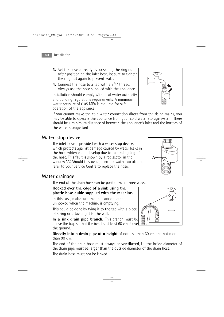 Water-stop device, Water drainage | AEG LAVAMAT PRINCESS 2252 F User Manual | Page 40 / 44