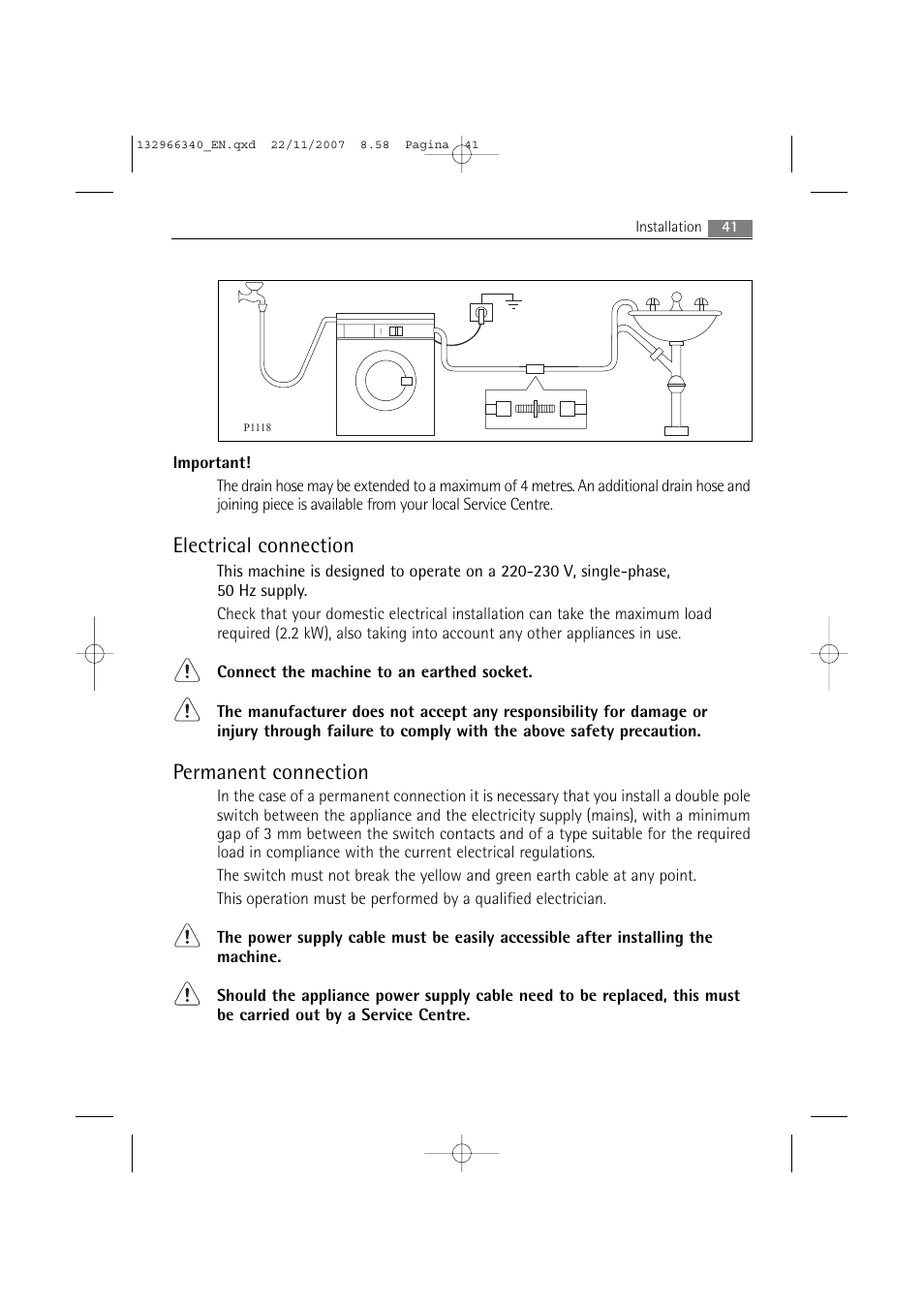 Electrical connection, Permanent connection | AEG LAVAMAT PRINCESS 2252 F User Manual | Page 41 / 44