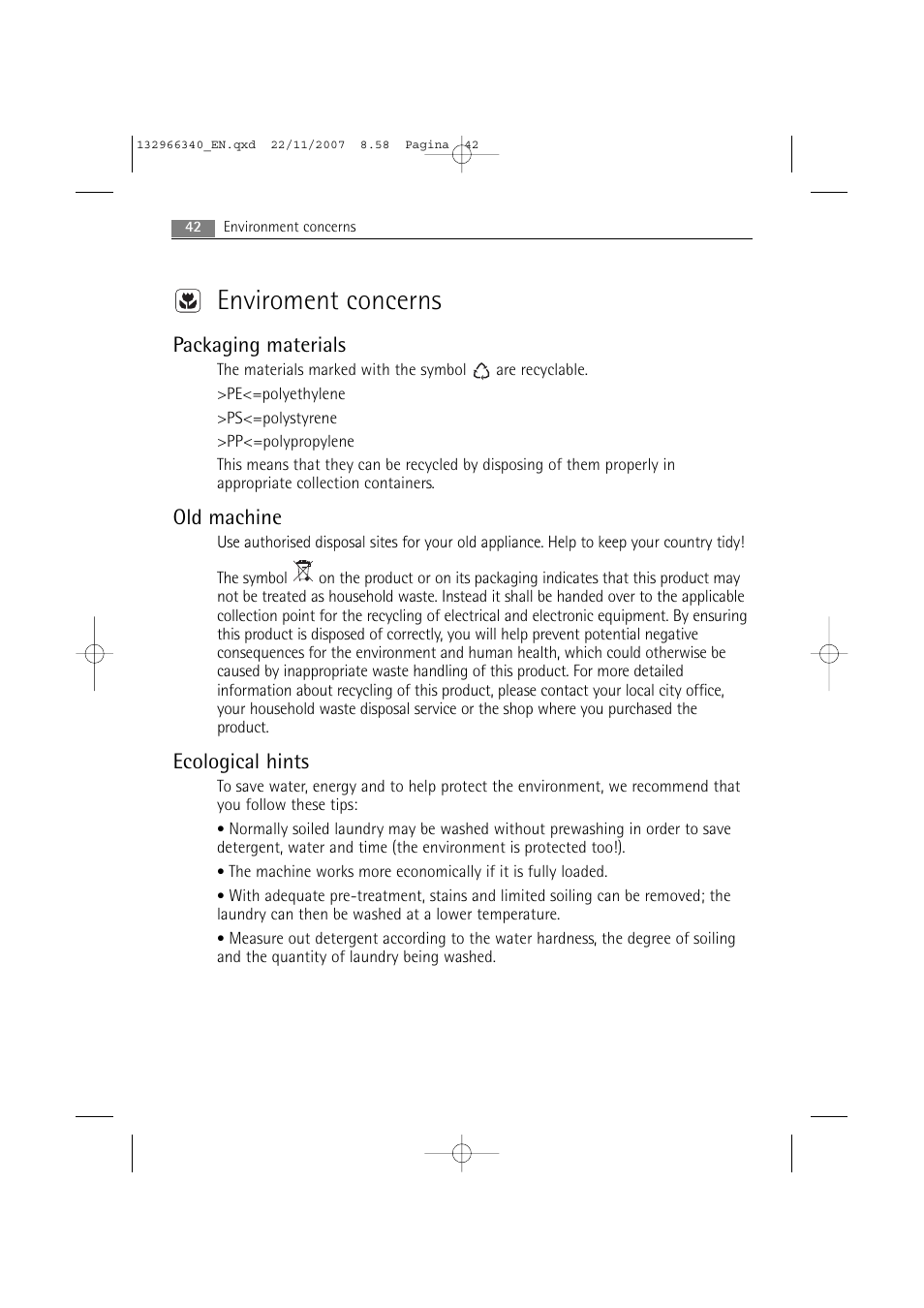 Enviroment concerns, Packaging materials, Old machine | Ecological hints | AEG LAVAMAT PRINCESS 2252 F User Manual | Page 42 / 44