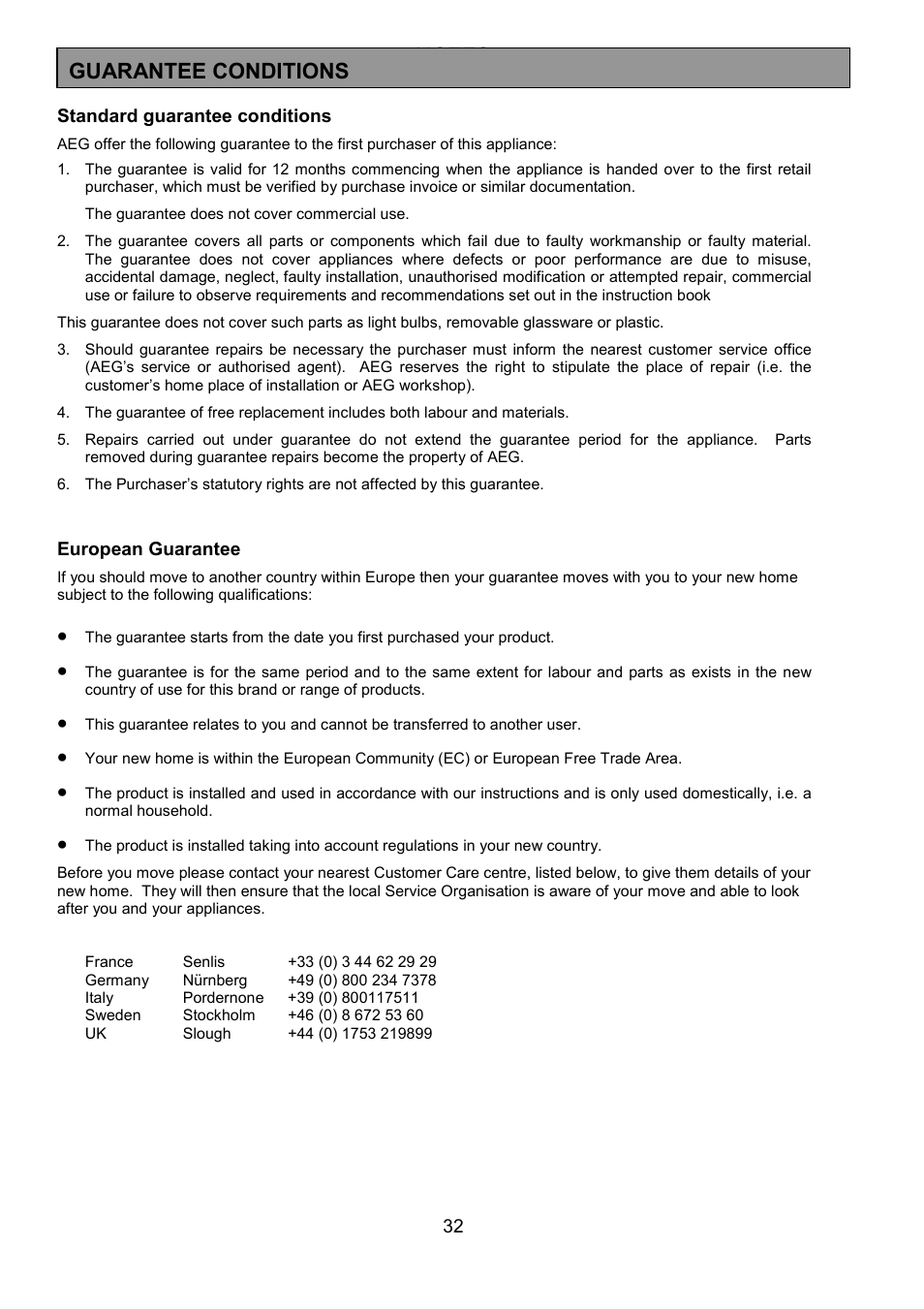 Guarantee conditions | AEG 3210 BU User Manual | Page 32 / 44