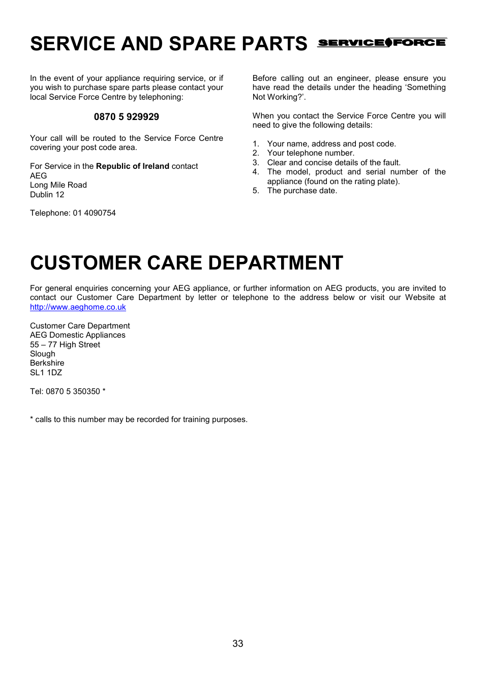 Service and spare parts, Customer care department | AEG 3210 BU User Manual | Page 33 / 44