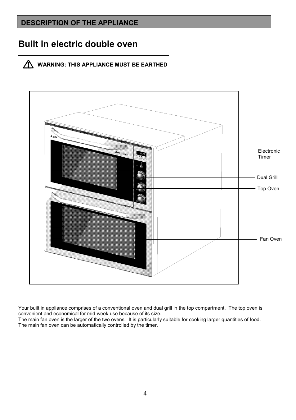 Built in electric double oven, Description of the appliance | AEG 3210 BU User Manual | Page 4 / 44