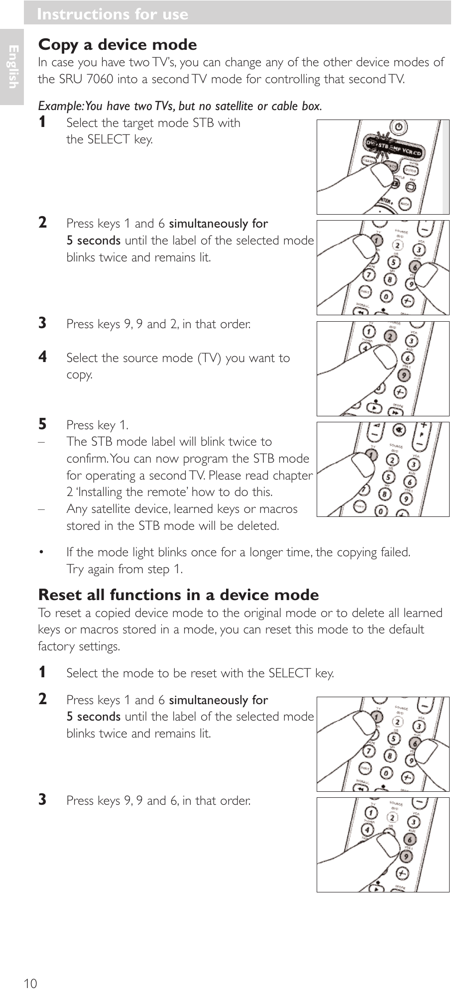 Copy a device mode, Reset all functions in a device mode, Instructions for use | Philips Mando a distancia universal User Manual | Page 10 / 152