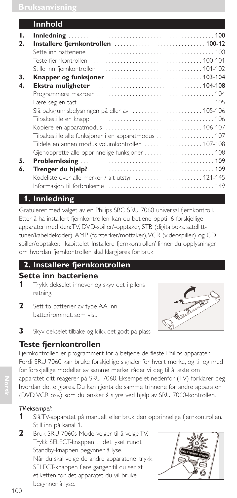 Bruksanvisning, Innhold, Innledning | Installere fjernkontrollen sette inn batteriene 1, Teste fjernkontrollen | Philips Mando a distancia universal User Manual | Page 100 / 152