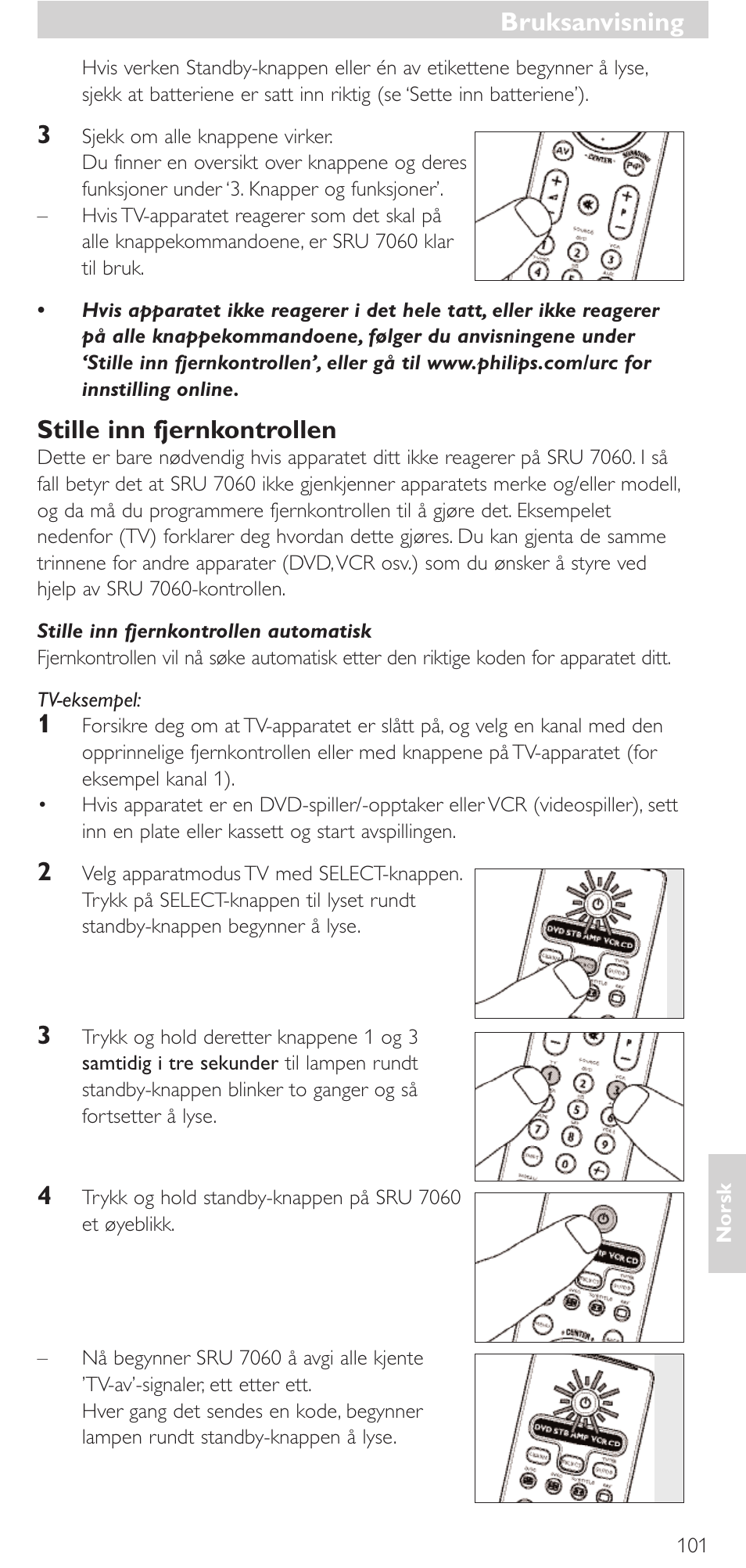 Bruksanvisning, Stille inn fjernkontrollen | Philips Mando a distancia universal User Manual | Page 101 / 152