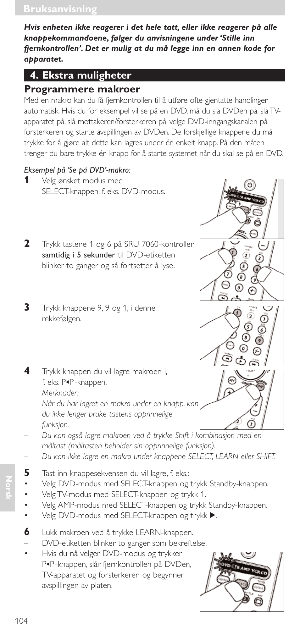 Bruksanvisning, Ekstra muligheter programmere makroer | Philips Mando a distancia universal User Manual | Page 104 / 152