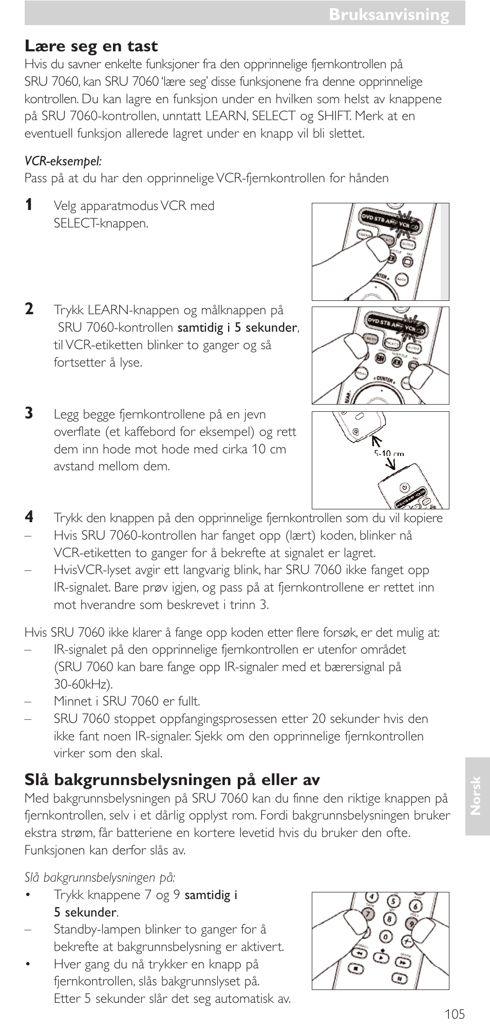 Bruksanvisning, Lære seg en tast, Slå bakgrunnsbelysningen på eller av | Philips Mando a distancia universal User Manual | Page 105 / 152