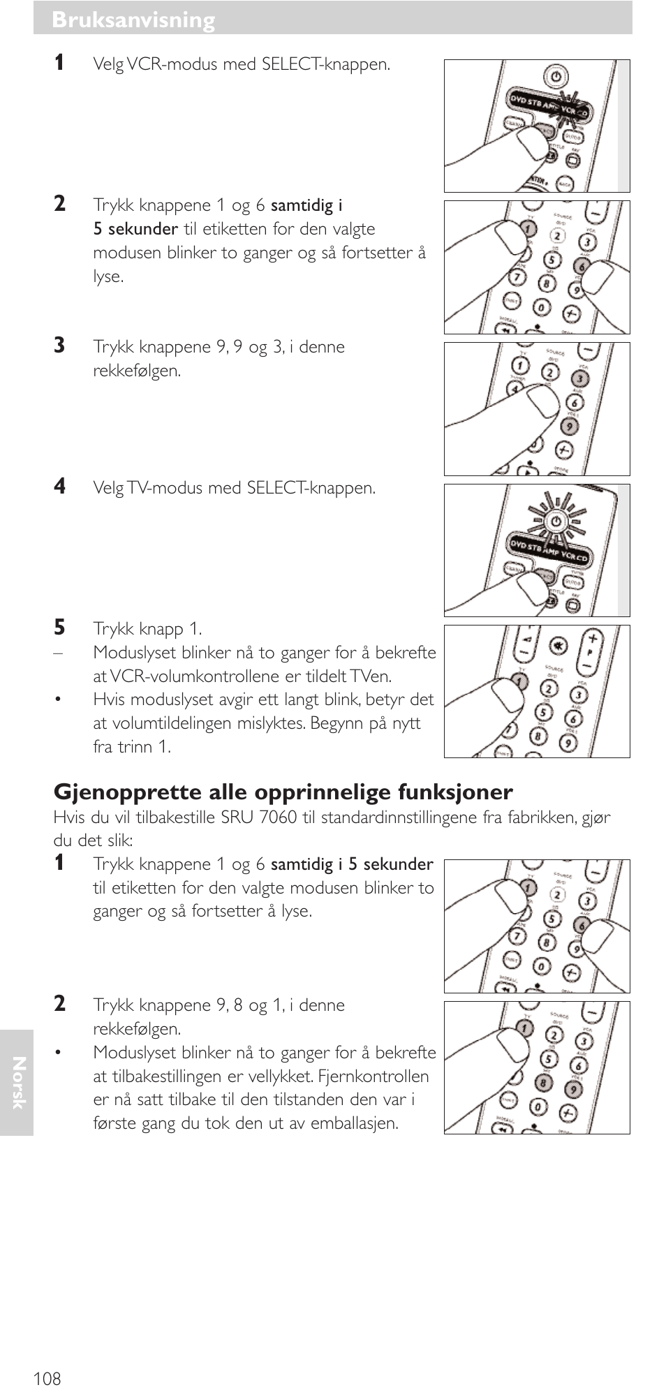 Bruksanvisning, Gjenopprette alle opprinnelige funksjoner | Philips Mando a distancia universal User Manual | Page 108 / 152