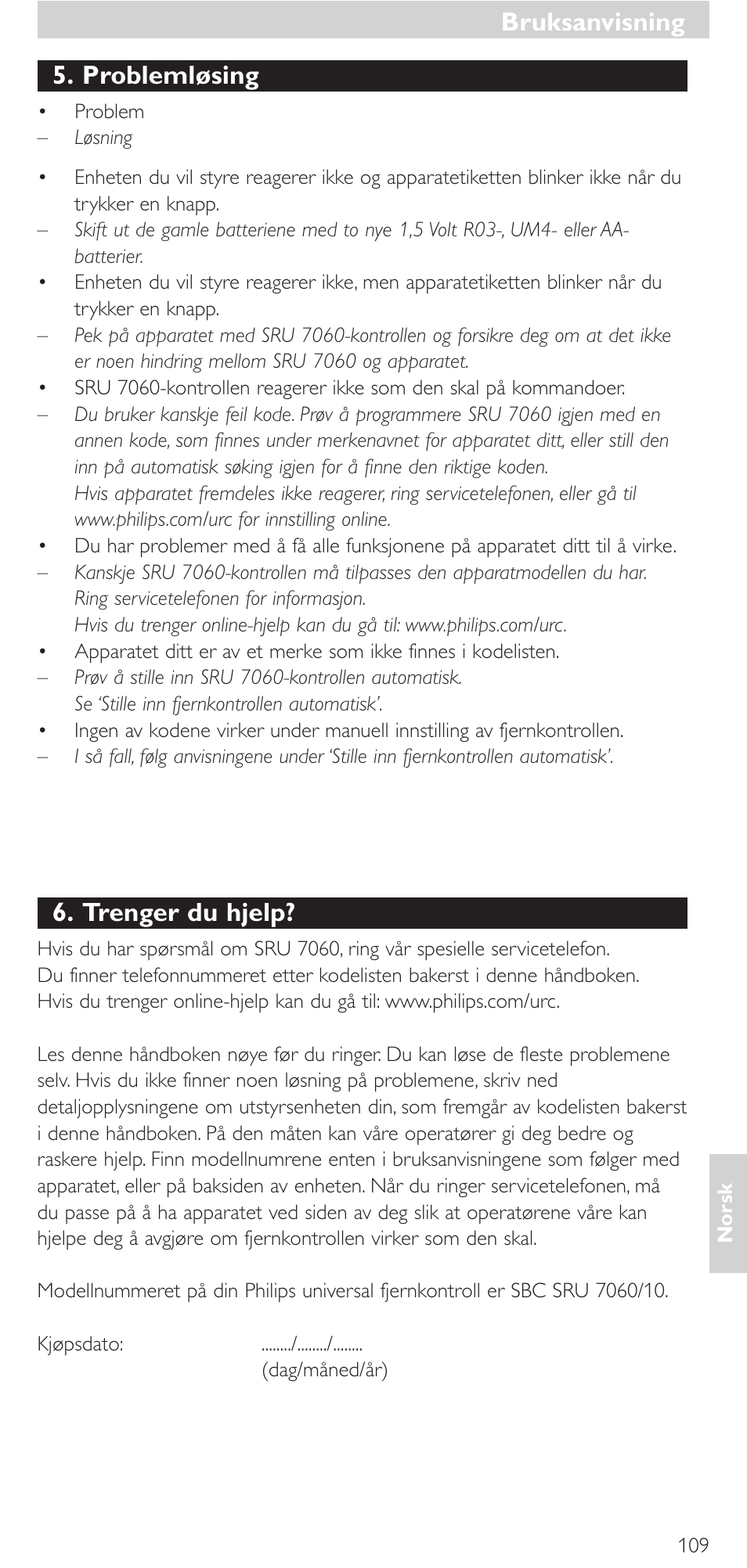 Problemløsing, Trenger du hjelp, Bruksanvisning | Philips Mando a distancia universal User Manual | Page 109 / 152