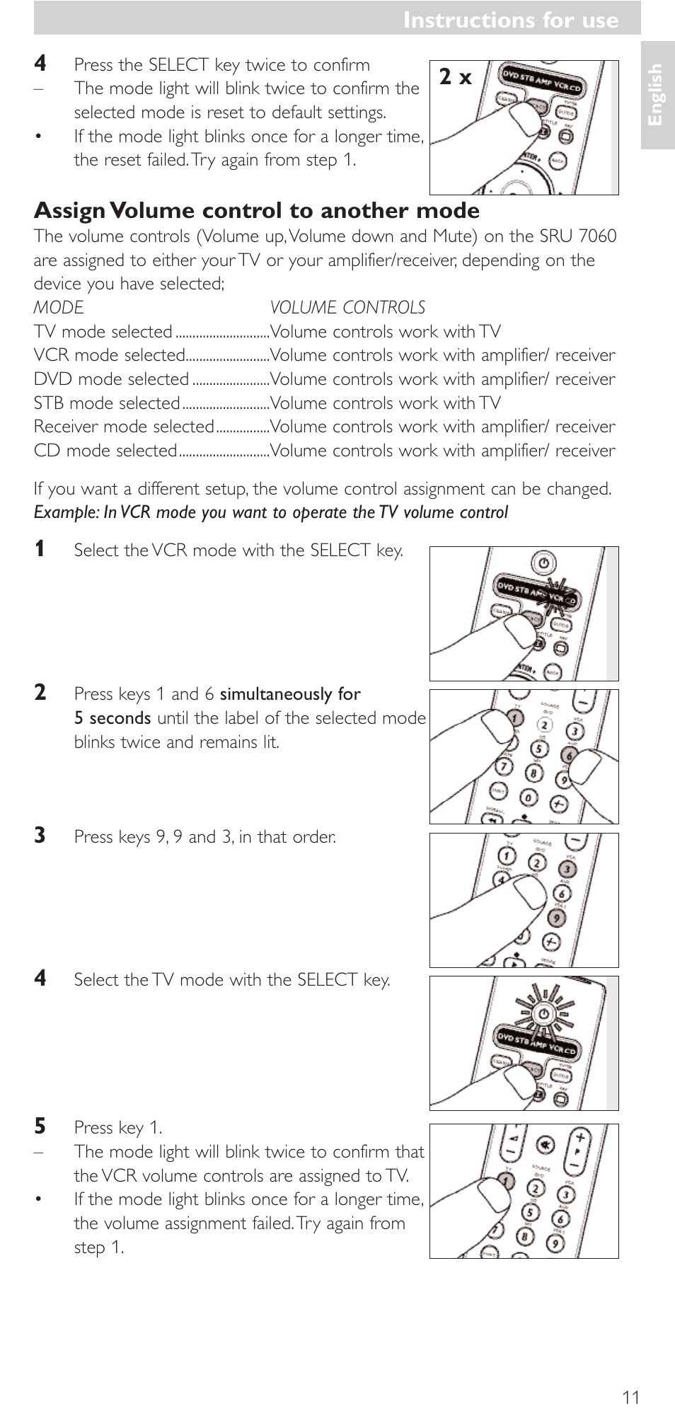 Assign volume control to another mode, Instructions for use | Philips Mando a distancia universal User Manual | Page 11 / 152