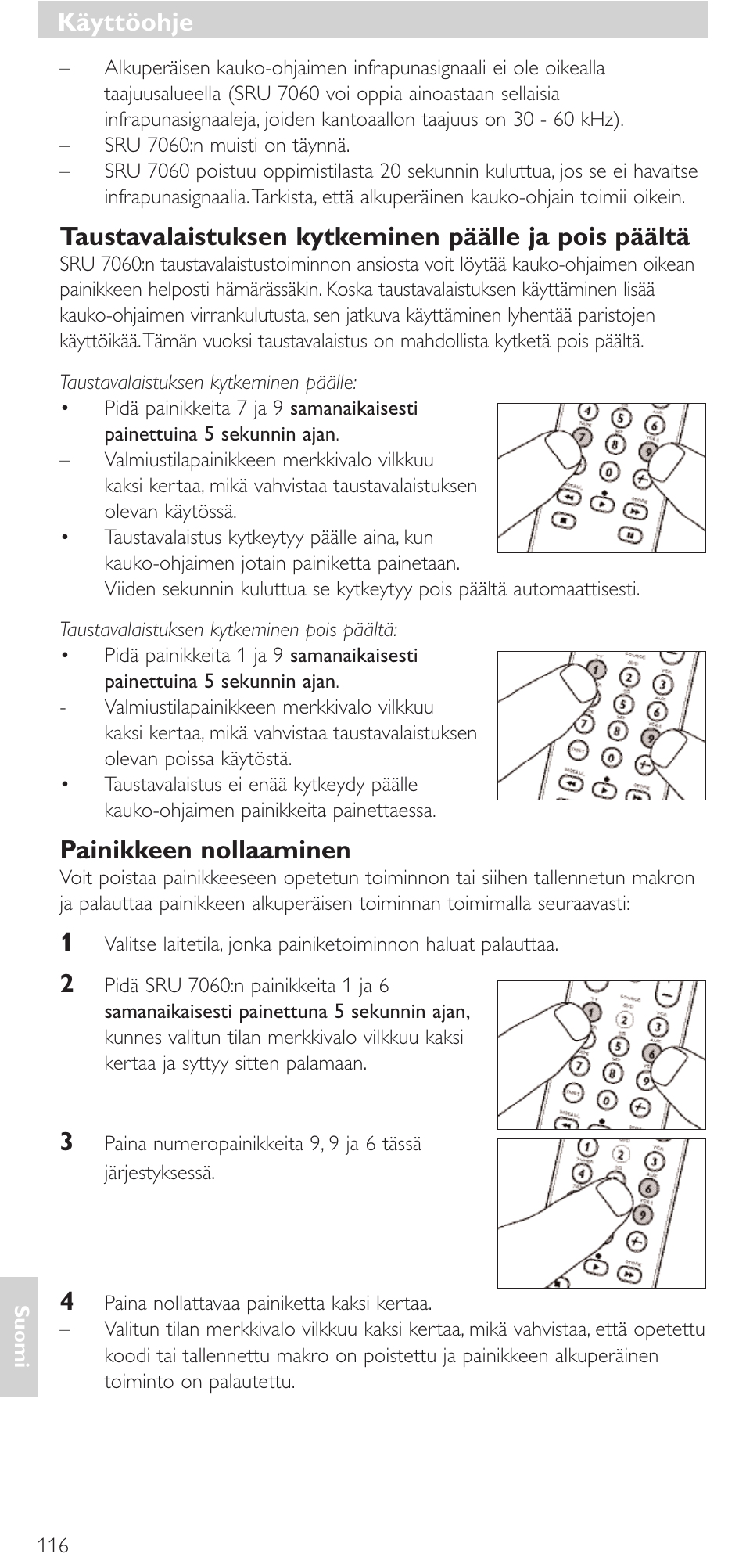 Käyttöohje, Painikkeen nollaaminen | Philips Mando a distancia universal User Manual | Page 116 / 152